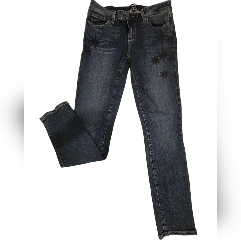 Blue PAIGE Star Embroidery Skyline Ankle Peg Jeans sz 28